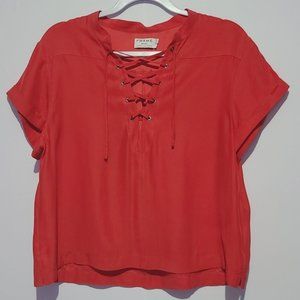 Frame blood orange 100% silk lace up front blouse w  folded